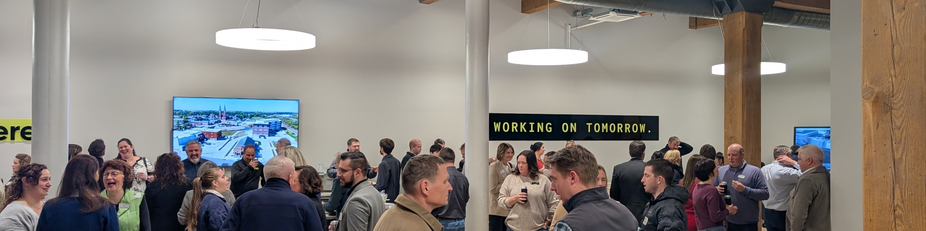 group of business professionals in the lobby of a business