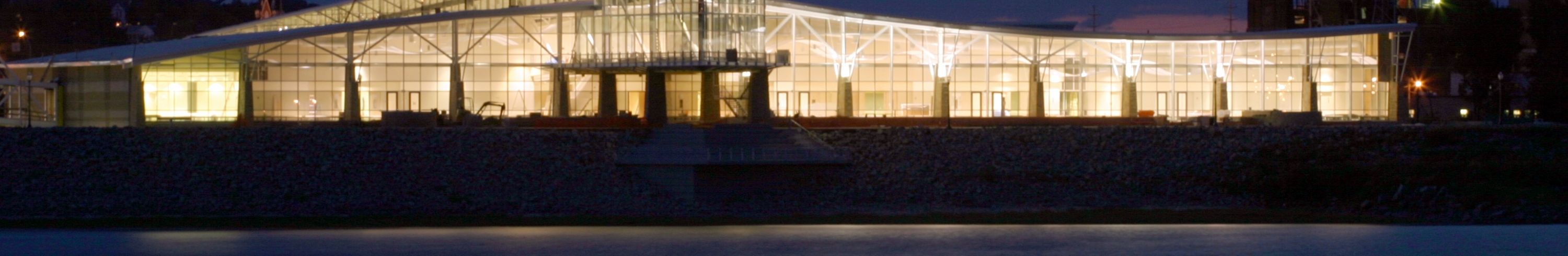 Grand Harbor River Center at night in Dubuque, IA